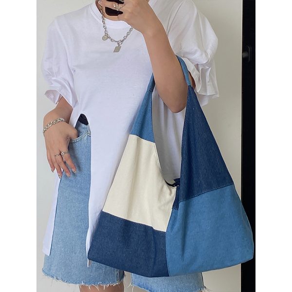 Women's Large Patchwork Color-Blocking Denim Tote Handbag - Spring Summer 2025 Shoulder Bag in Trendy Niche Design