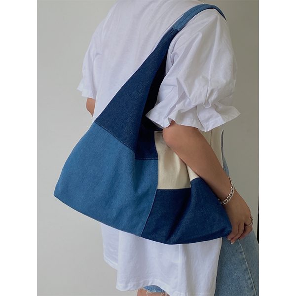 Women's Large Patchwork Color-Blocking Denim Tote Handbag - Spring Summer 2025 Shoulder Bag in Trendy Niche Design