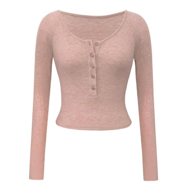 Women's Long Sleeve Slim Fit Button T-Shirt, Sexy Tight-Knit Base Layer Top, Chic Style for Everyday Wear