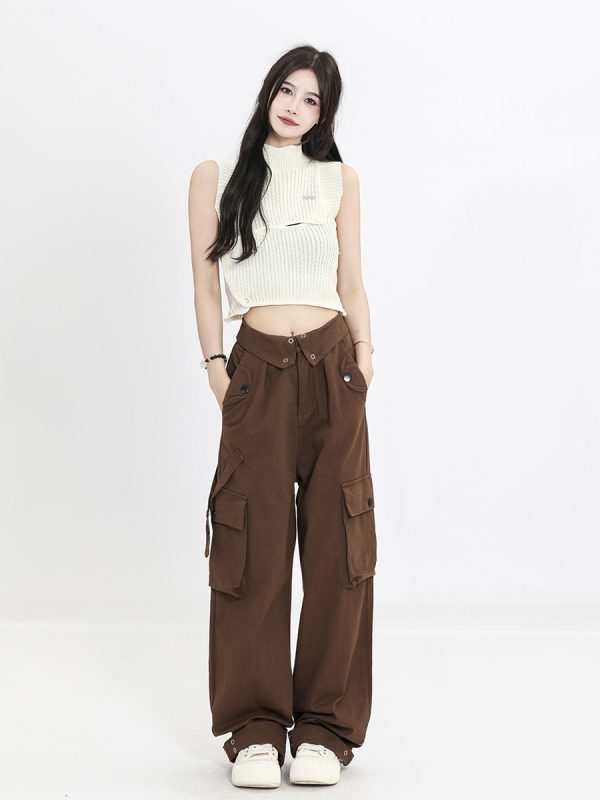 Women's Multi-Pocket Straight Work Pants - Spring Style Casual Waist Flip Cover Trousers for American Street Fashion