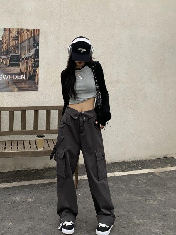 Women's Multi-Pocket Straight Work Pants - Spring Style Casual Waist Flip Cover Trousers for American Street Fashion