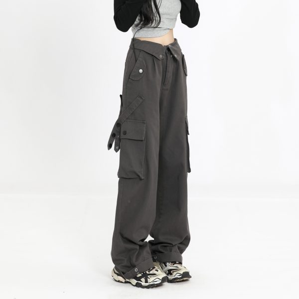 Women's Multi-Pocket Straight Work Pants - Spring Style Casual Waist Flip Cover Trousers for American Street Fashion