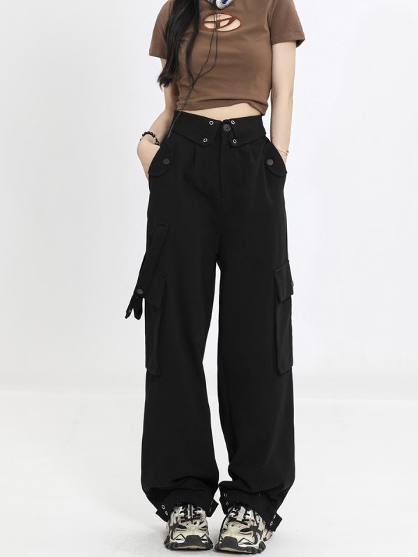 Women's Multi-Pocket Straight Work Pants - Spring Style Casual Waist Flip Cover Trousers for American Street Fashion