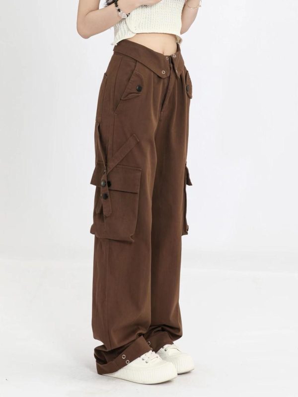 Women's Multi-Pocket Straight Work Pants - Spring Style Casual Waist Flip Cover Trousers for American Street Fashion