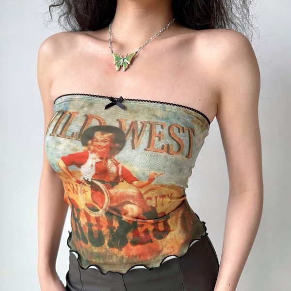 Women's Off-Shoulder Strapless Top - European and American Style Short Printed Wrap Vest for Hot Girl Look