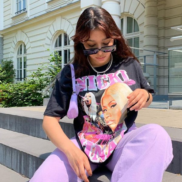 Womenâ€™s Oversized Black T-Shirt - American Retro Design, Summer Short Sleeve Top, High Street European Style