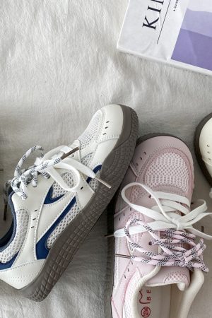 Women's Pink Mesh Panel Thick-Soled Training Shoes - Summer 2025 Breathable White Sneakers for Casual Y2K Style