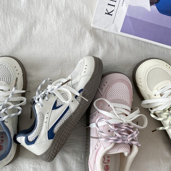 Women's Pink Mesh Panel Thick-Soled Training Shoes - Summer 2025 Breathable White Sneakers for Casual Y2K Style