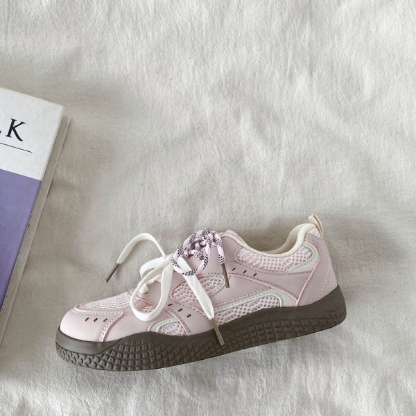 Women's Pink Mesh Panel Thick-Soled Training Shoes - Summer 2025 Breathable White Sneakers for Casual Y2K Style