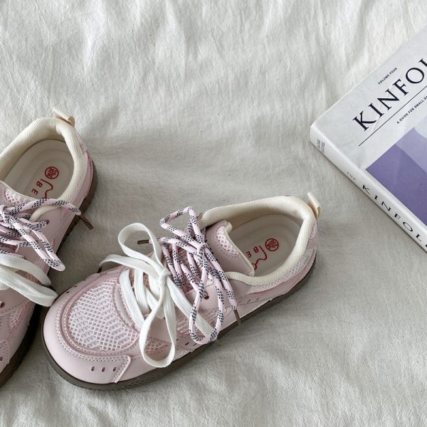 Women's Pink Mesh Panel Thick-Soled Training Shoes - Summer 2025 Breathable White Sneakers for Casual Y2K Style
