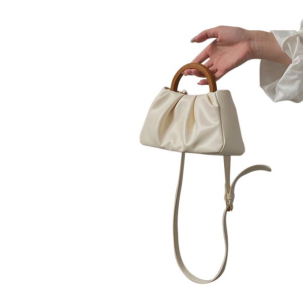Women's Pleated Cloud Bag with Wooden Handle - Spring Summer Chinese Style Handheld Crossbody Small Bag