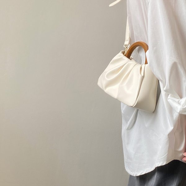 Women's Pleated Cloud Bag with Wooden Handle - Spring Summer Chinese Style Handheld Crossbody Small Bag