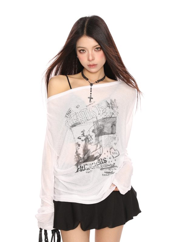 Women's Relaxed Graffiti Print Asymmetrical Long Sleeve T-Shirt - Lightweight Spring Autumn Cover-Up in Lazy Style
