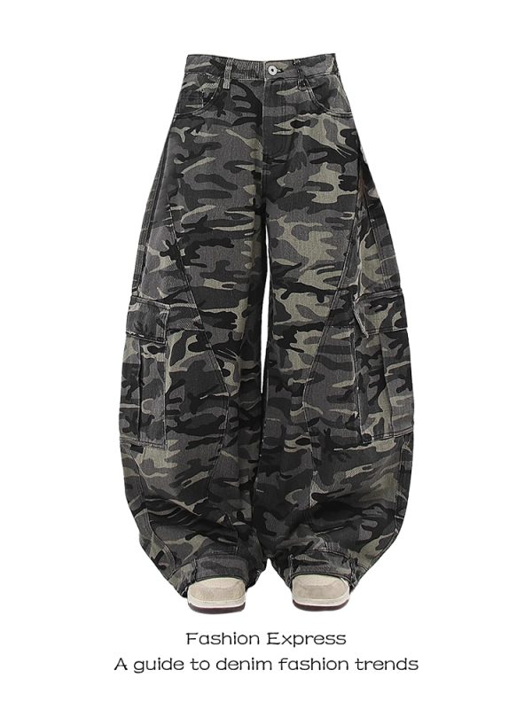 Women's Retro American-Style Multi-Pocket Camouflage Work Pants - Loose Baggy Curved Design for Autumn Winter 2025