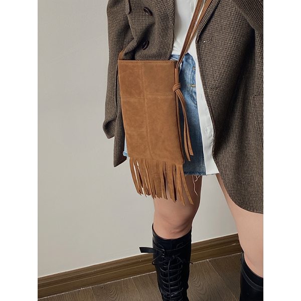 Women's Retro Fringe Mini Crossbody Bag - Suede Spring Summer 2025 American Style Small Purse