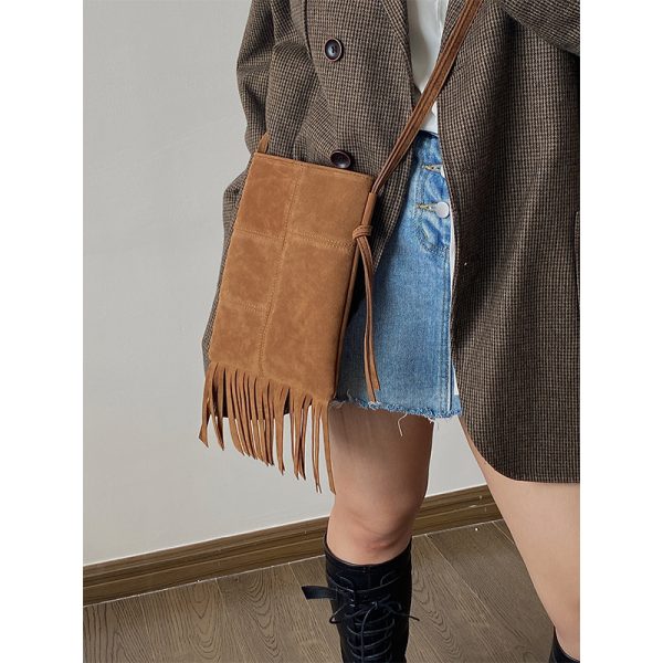 Women's Retro Fringe Mini Crossbody Bag - Suede Spring Summer 2025 American Style Small Purse
