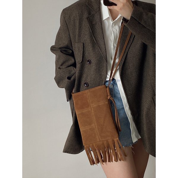 Women's Retro Fringe Mini Crossbody Bag - Suede Spring Summer 2025 American Style Small Purse