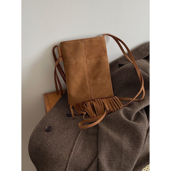 Women's Retro Fringe Mini Crossbody Bag - Suede Spring Summer 2025 American Style Small Purse
