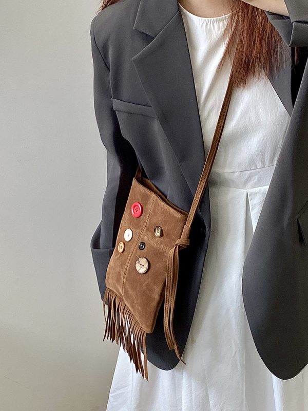 Women's Retro Hippie Button Design Tassel Shoulder Crossbody Bag - Spring Summer 2025 Small Bag for Bohemian Style