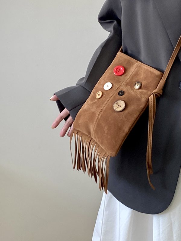 Women's Retro Hippie Button Design Tassel Shoulder Crossbody Bag - Spring Summer 2025 Small Bag for Bohemian Style