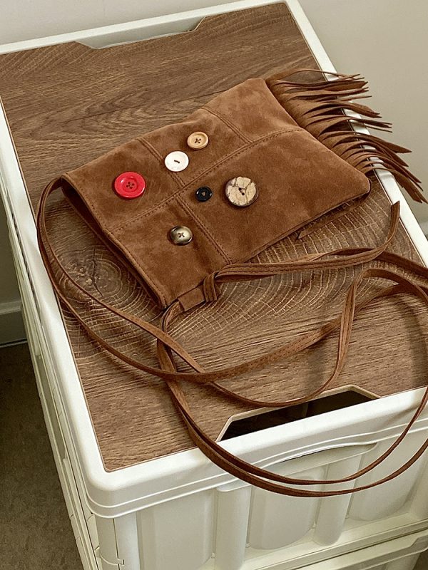 Women's Retro Hippie Button Design Tassel Shoulder Crossbody Bag - Spring Summer 2025 Small Bag for Bohemian Style