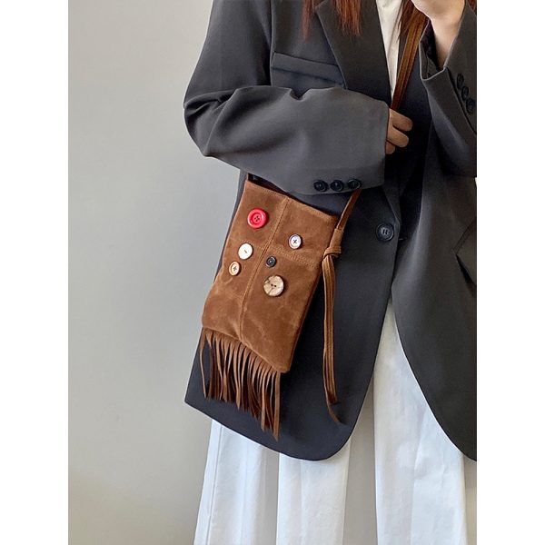 Women's Retro Hippie Button Design Tassel Shoulder Crossbody Bag - Spring Summer 2025 Small Bag for Bohemian Style