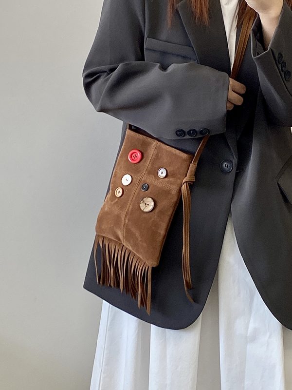 Women's Retro Hippie Button Design Tassel Shoulder Crossbody Bag - Spring Summer 2025 Small Bag for Bohemian Style