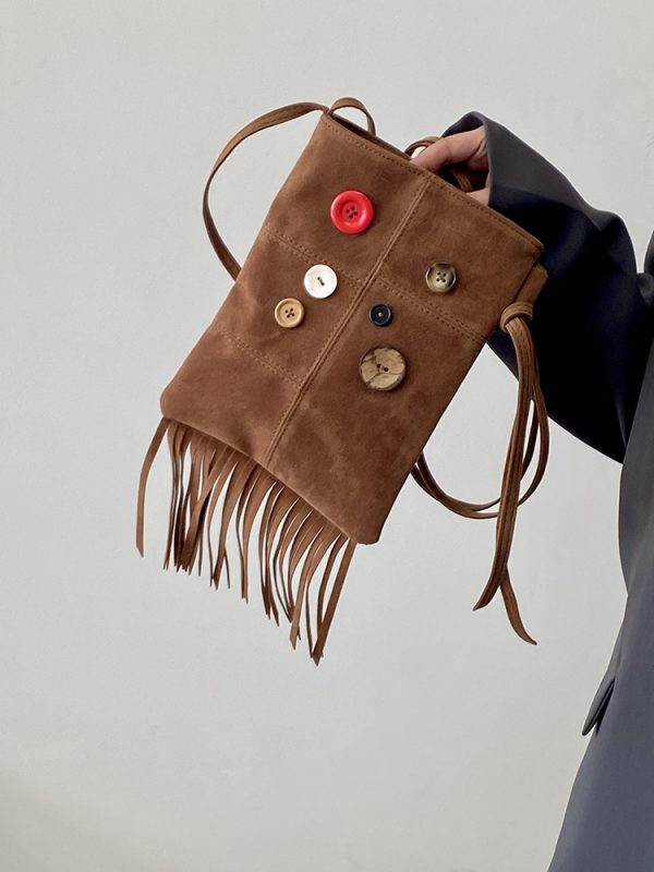 Women's Retro Hippie Button Design Tassel Shoulder Crossbody Bag - Spring Summer 2025 Small Bag for Bohemian Style