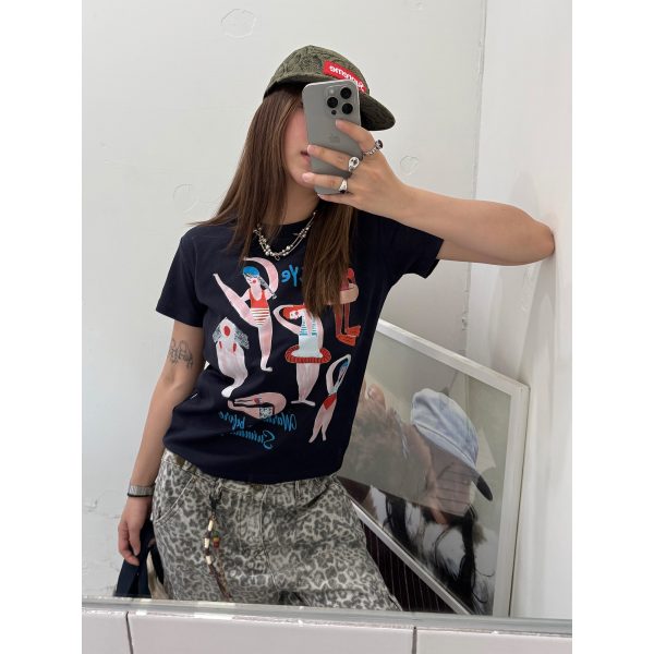 Women's Retro Printed Short-Sleeve T-Shirt - Loose Fit Elastic Summer Top - American Style - 90s Inspired Fashion