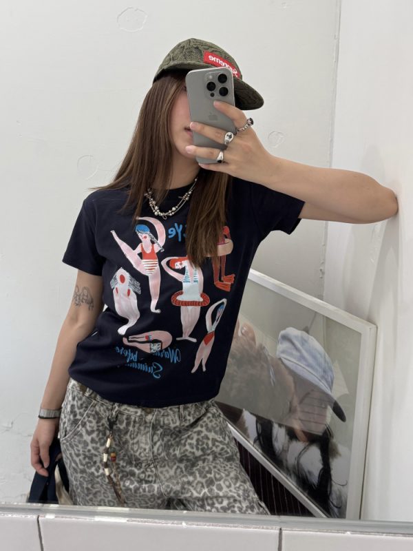 Women's Retro Printed Short-Sleeve T-Shirt - Loose Fit Elastic Summer Top - American Style - 90s Inspired Fashion