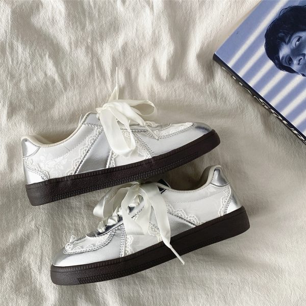 Women's Retro Thick-Soled Sneakers - Silver Lace-Up Design, Breathable White, Spring 2025 Fashion