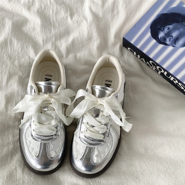 Women's Retro Thick-Soled Sneakers - Silver Lace-Up Design, Breathable White, Spring 2025 Fashion