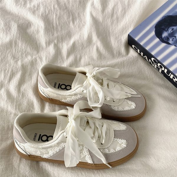 Women's Retro Thick-Soled Sneakers - Silver Lace-Up Design, Breathable White, Spring 2025 Fashion