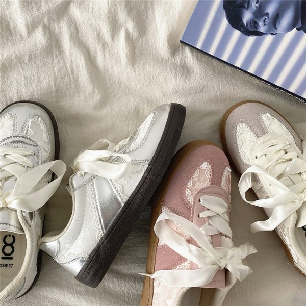 Women's Retro Thick-Soled Sneakers - Silver Lace-Up Design, Breathable White, Spring 2025 Fashion