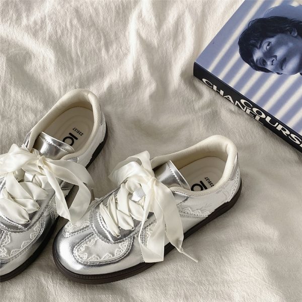 Women's Retro Thick-Soled Sneakers - Silver Lace-Up Design, Breathable White, Spring 2025 Fashion