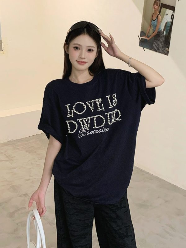 Women's Short Sleeve Bubble Letter T-Shirt - Loose Fit Round Neck Summer Top for Couples, Casual Lazy Style