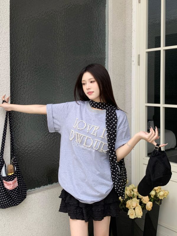 Women's Short Sleeve Bubble Letter T-Shirt - Loose Fit Round Neck Summer Top for Couples, Casual Lazy Style