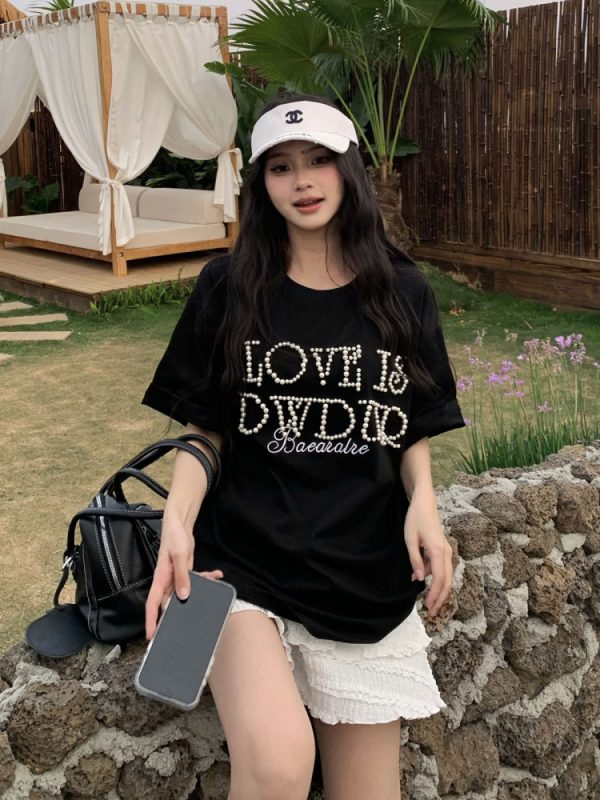 Women's Short Sleeve Bubble Letter T-Shirt - Loose Fit Round Neck Summer Top for Couples, Casual Lazy Style
