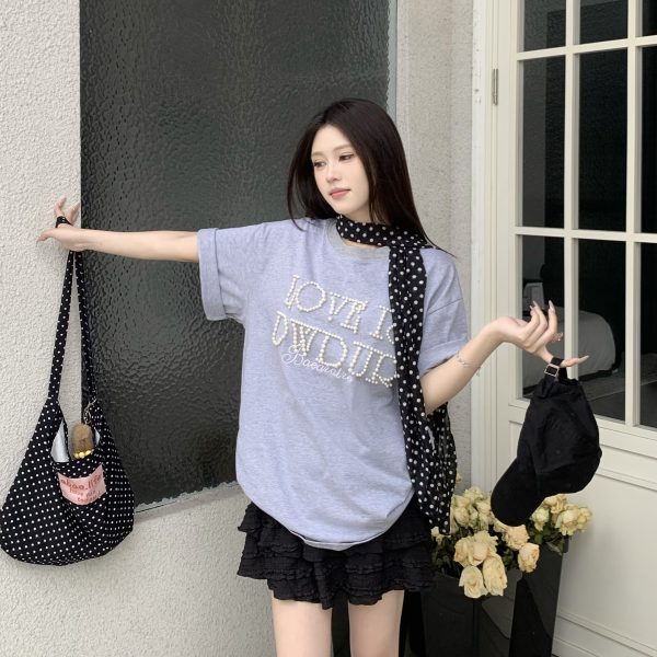 Women's Short Sleeve Bubble Letter T-Shirt - Loose Fit Round Neck Summer Top for Couples, Casual Lazy Style