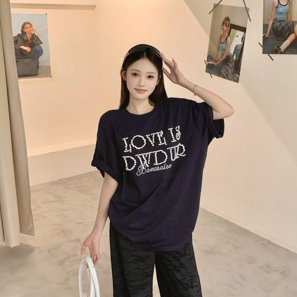 Women's Short Sleeve Bubble Letter T-Shirt - Loose Fit Round Neck Summer Top for Couples, Casual Lazy Style