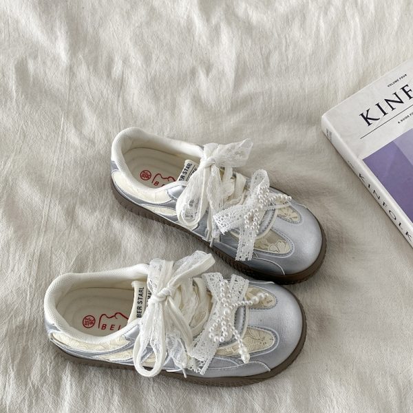 Women's Silver Pearl Ballet Training Shoes - 2025 Spring Thick-Soled White Lace Sneakers Trend for Dance and Casual Wear