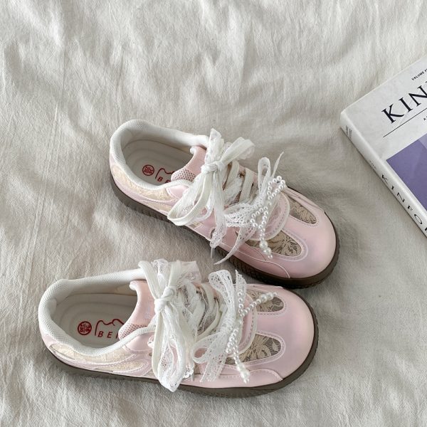 Women's Silver Pearl Ballet Training Shoes - 2025 Spring Thick-Soled White Lace Sneakers Trend for Dance and Casual Wear