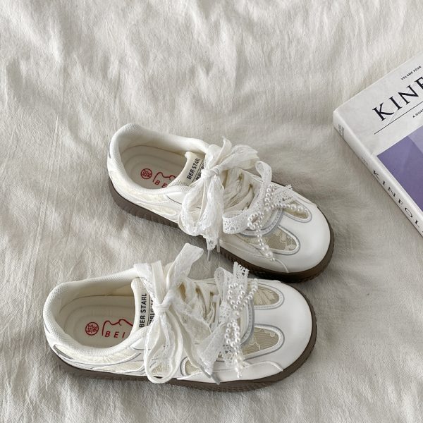 Women's Silver Pearl Ballet Training Shoes - 2025 Spring Thick-Soled White Lace Sneakers Trend for Dance and Casual Wear