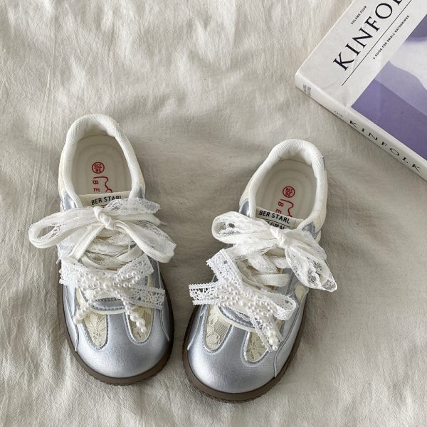 Women's Silver Pearl Ballet Training Shoes - 2025 Spring Thick-Soled White Lace Sneakers Trend for Dance and Casual Wear