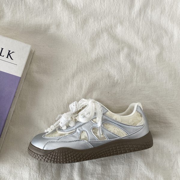 Women's Silver Pearl Ballet Training Shoes - 2025 Spring Thick-Soled White Lace Sneakers Trend for Dance and Casual Wear