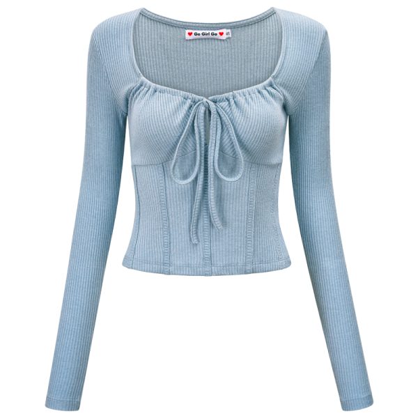 Women's Simple U-Neck Tied Extra Long Sleeve T-Shirt - Slim Fit Base Layer Top, European & American Style