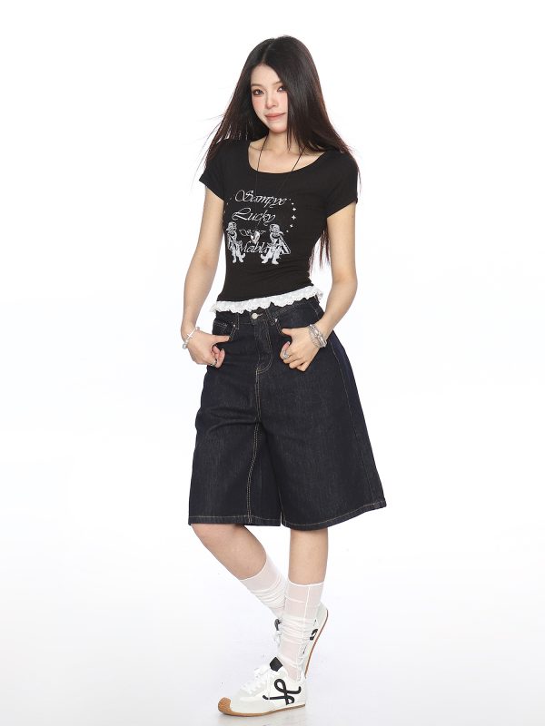 Women's Slim-Fit Cropped Round Neck T-Shirt with Lace Edge - American Style, Short Sleeve, Summer Casual Vibe