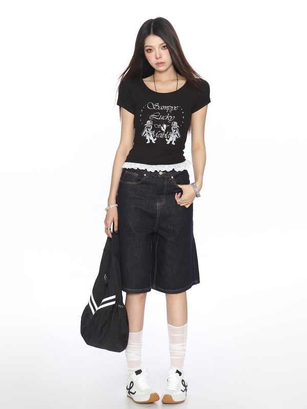 Women's Slim-Fit Cropped Round Neck T-Shirt with Lace Edge - American Style, Short Sleeve, Summer Casual Vibe
