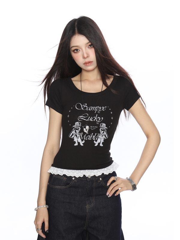 Women's Slim-Fit Cropped Round Neck T-Shirt with Lace Edge - American Style, Short Sleeve, Summer Casual Vibe