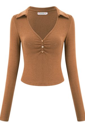 Womenâ€™s Slim Fit Pleated Long Sleeve T-shirt - European American Style Deep V-Neck Lapel Top - Trendy Y2K Fashion